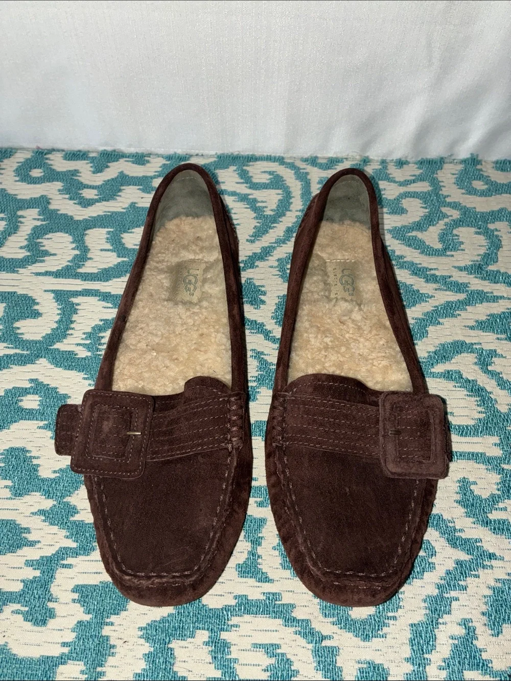 UGG Women’s Dark Brown Suede Shearling-Trim Loafers Sz 8